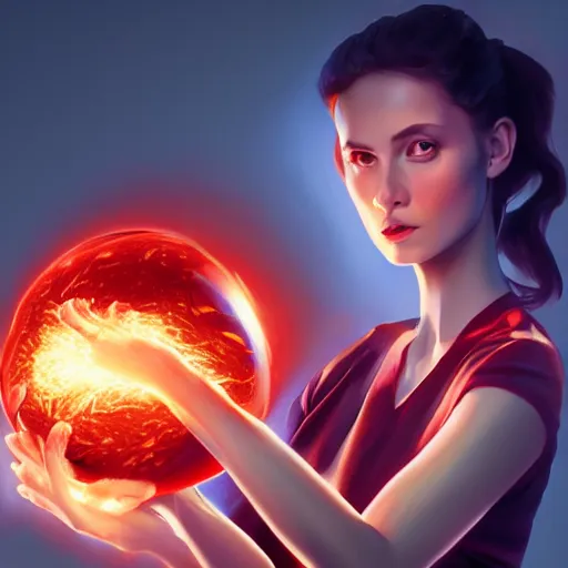 Prompt: woman holding a ball of plasma, wearing a shirt, beautiful face, digital art, expressive oil painting, highly detailed, trending on artstation, realism, octane render