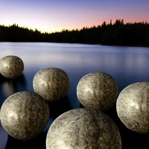 Prompt: glowing orbs over a lake in the night, wet rocks