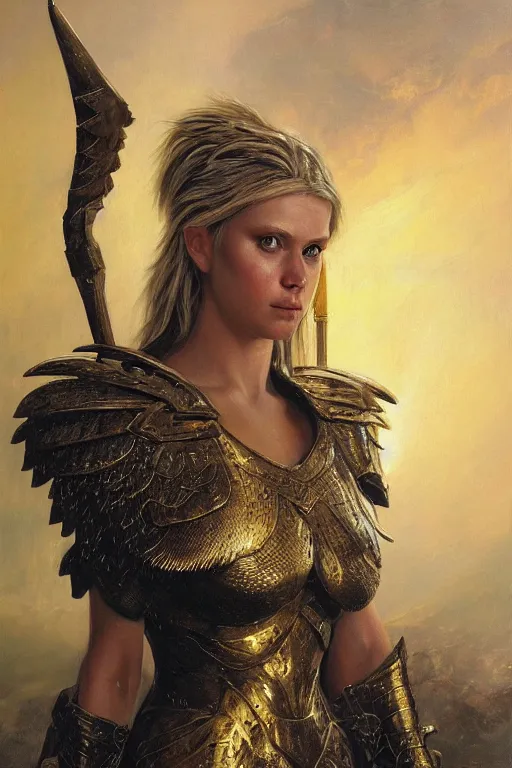 Prompt: a beautiful valkyrie , half body portrait, blond hair, gold chainmail armour, realistic oil painting by Thomas Cole and Wayne Barlowe and Boris Valejo