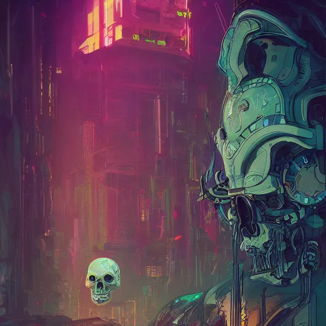 Image similar to a beautiful painting of a ( cyberpunk ) skull by simon stalenhag and pascal blanche and alphonse mucha! and nekro. in style of digital art. colorful comic, film noir, symmetry, hyper detailed. octane render. trending on artstation