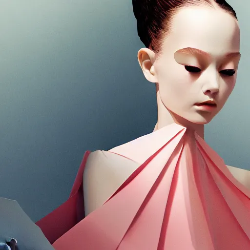 Prompt: 3 / 4 view of a ballerina girl wearing an origami dress, eye - level medium shot, elegant, by eiko ishioka, givenchy, by peter mohrbacher, centered, fresh colors, origami, fashion, detailed illustration, vogue, high depth of field, japanese, reallusion character creator