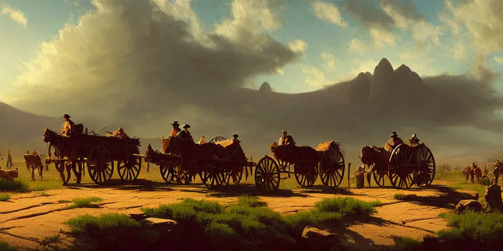 Image similar to a pack of settlers with covered wagons are crossing american plains with a small riverbed, mountaineous background, cloudy day, highly detailed, digital art, by greg rutkowski, by albert bierstadt