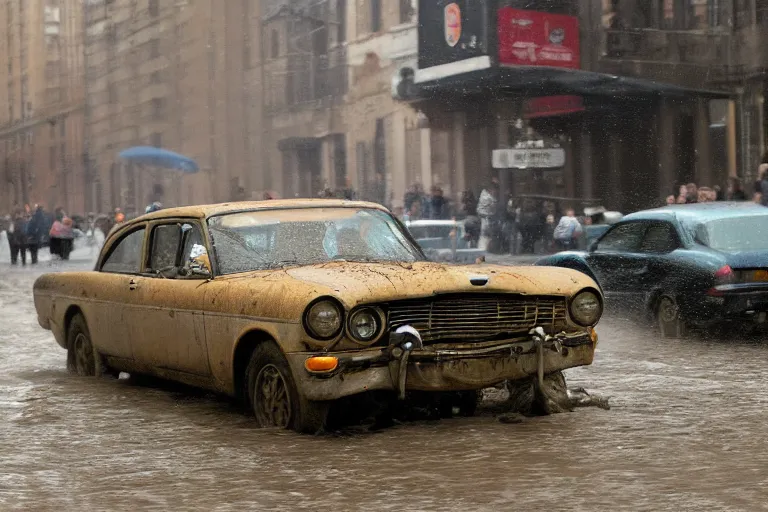 Image similar to street photography by saul leiter, in a muddy new york high quality street, award winning photo of an ultra detailed dirty high quality vintage ford car speeding very fast on mud, fast shutter speed, motion blur, tiny gaussian blur, highly detailed, highly intricate, depth of field, trending on top gear