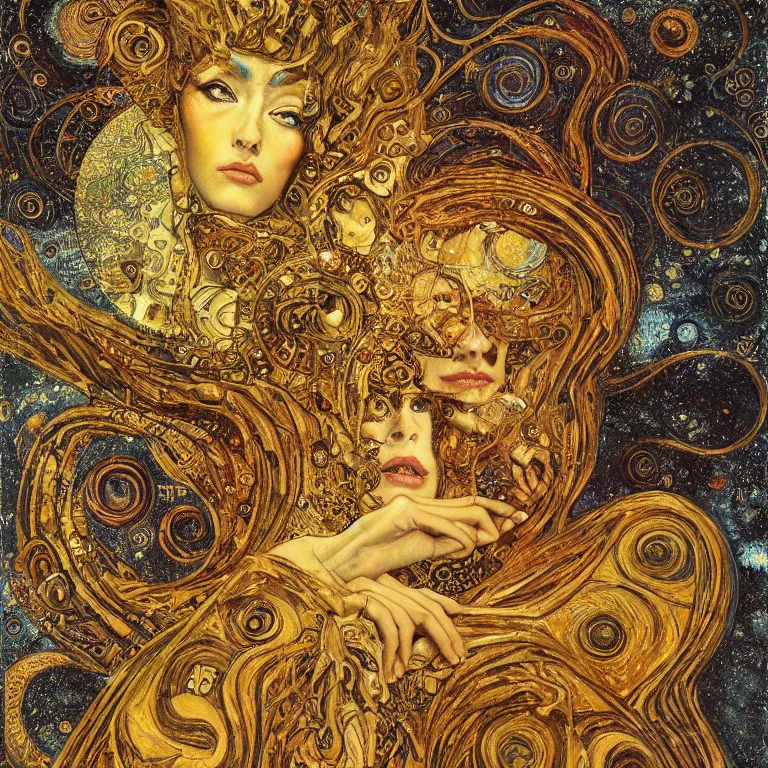 Image similar to Divine Chaos Engine by Karol Bak, Jean Deville, Gustav Klimt, and Vincent Van Gogh, celestial, visionary, sacred fractal structures, ornate gilded medieval icon, spirals