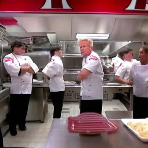 Image similar to gordon ramsay yelling at kfc employees in the kfc kitchen on kitchen nightmares. the employees are lined up and in their kfc uniforms. 4 k broadcast