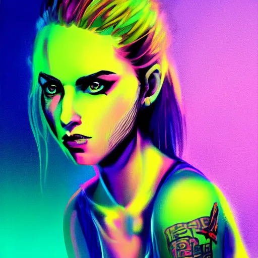 Image similar to hyper realistic portrait of a punk girl, neon lighting, smooth background, concept art, olly moss