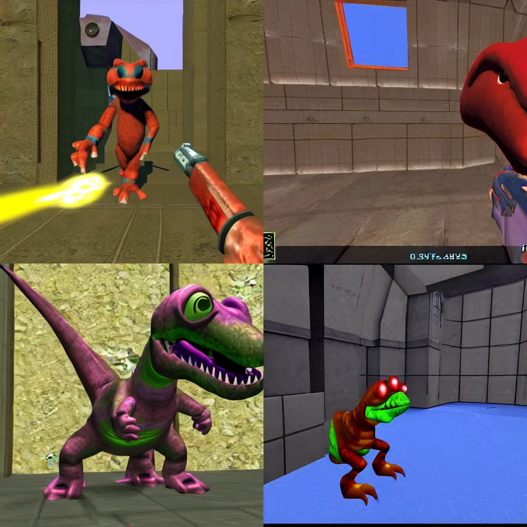 Prompt: screenshot of barney the dinosaur appearing in quake 2