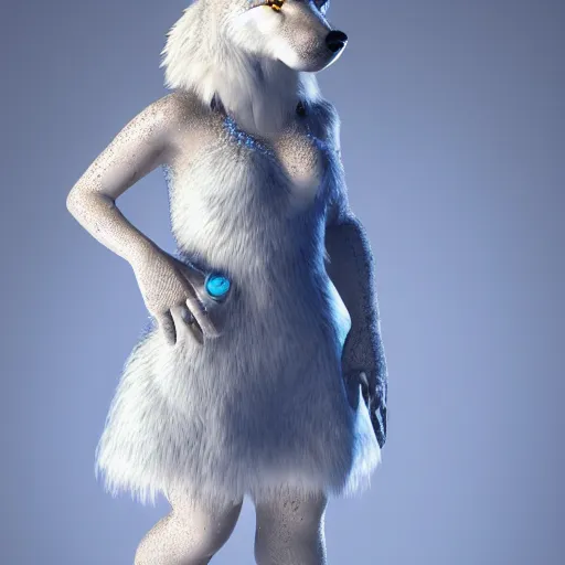Image similar to 3 d render, well toned, large and tall, female, anthropomorphic wolf with a short snout, blue scales with white spots, icey blue dress, fur covering her chest.