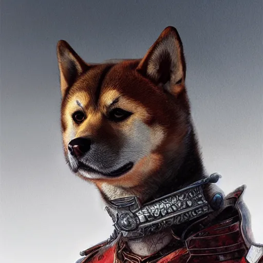 Prompt: anthropomorphic shiba inu, wearing berserk anime skullknight armor and sword, blood aura red light, fantasy, dark, portrait art by donato giancola and greg rutkowski, realistic face, digital art, trending on artstation, symmetry