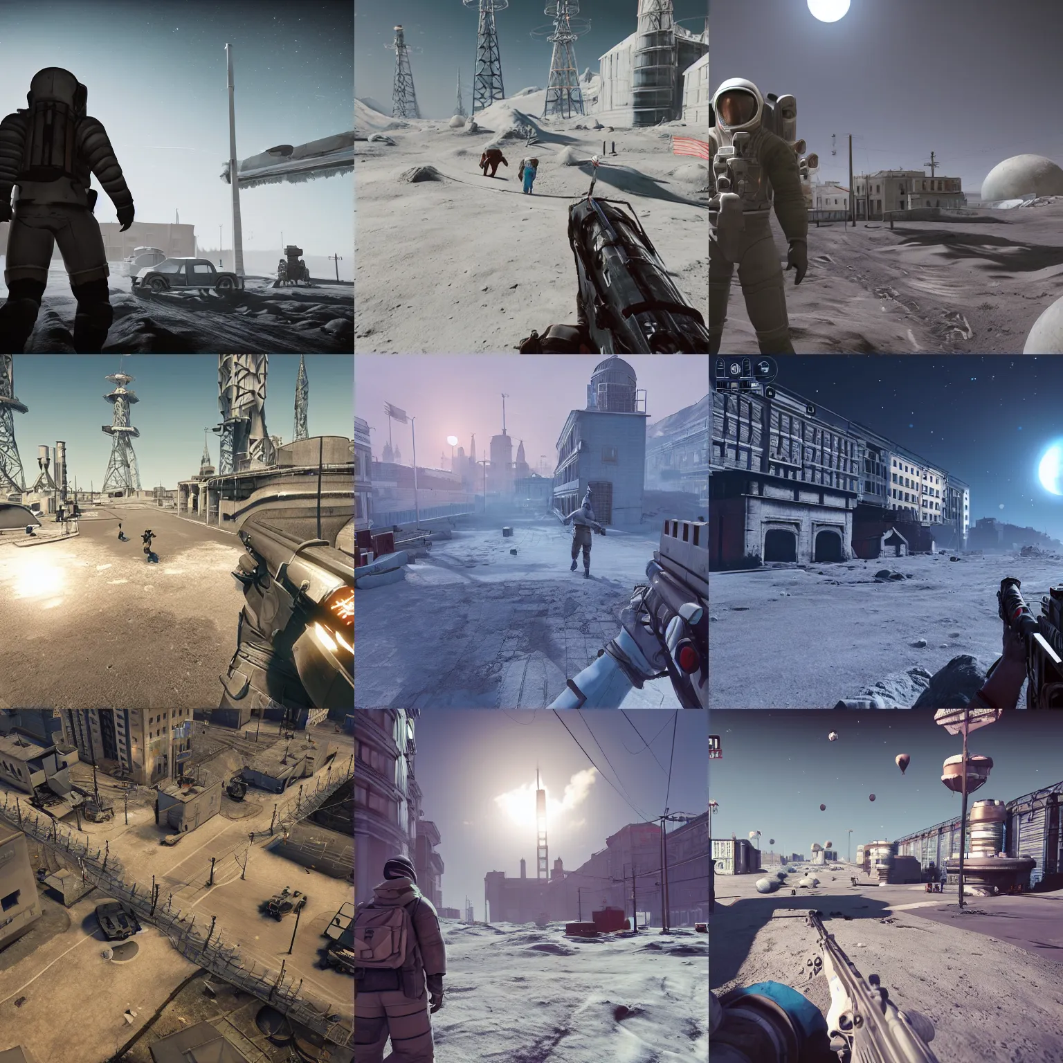 Prompt: 3 rd person open world game about a soviet city on the moon, many npcs on the streets, night and bright sun, unreal engine 5