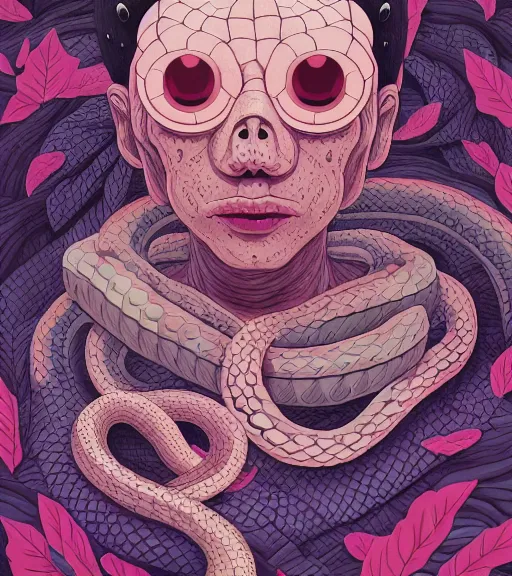 Prompt: portrait, nightmare anomalies, leaves with a snake by miyazaki, violet and pink and white palette, illustration, kenneth blom, mental alchemy, james jean, pablo amaringo, naudline pierre, contemporary art, hyper detailed