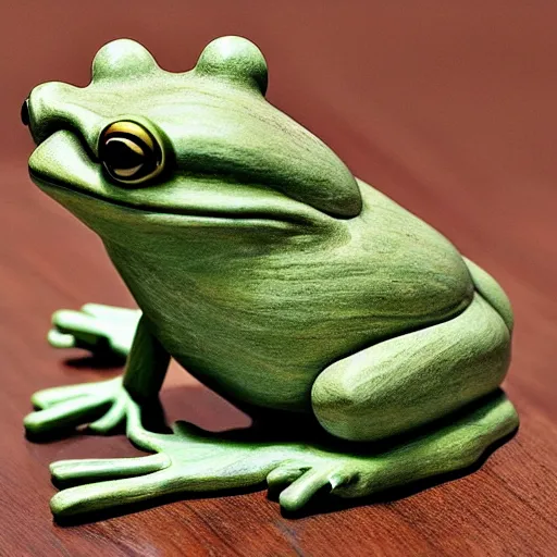 Image similar to a realistic wooden statue of a frog