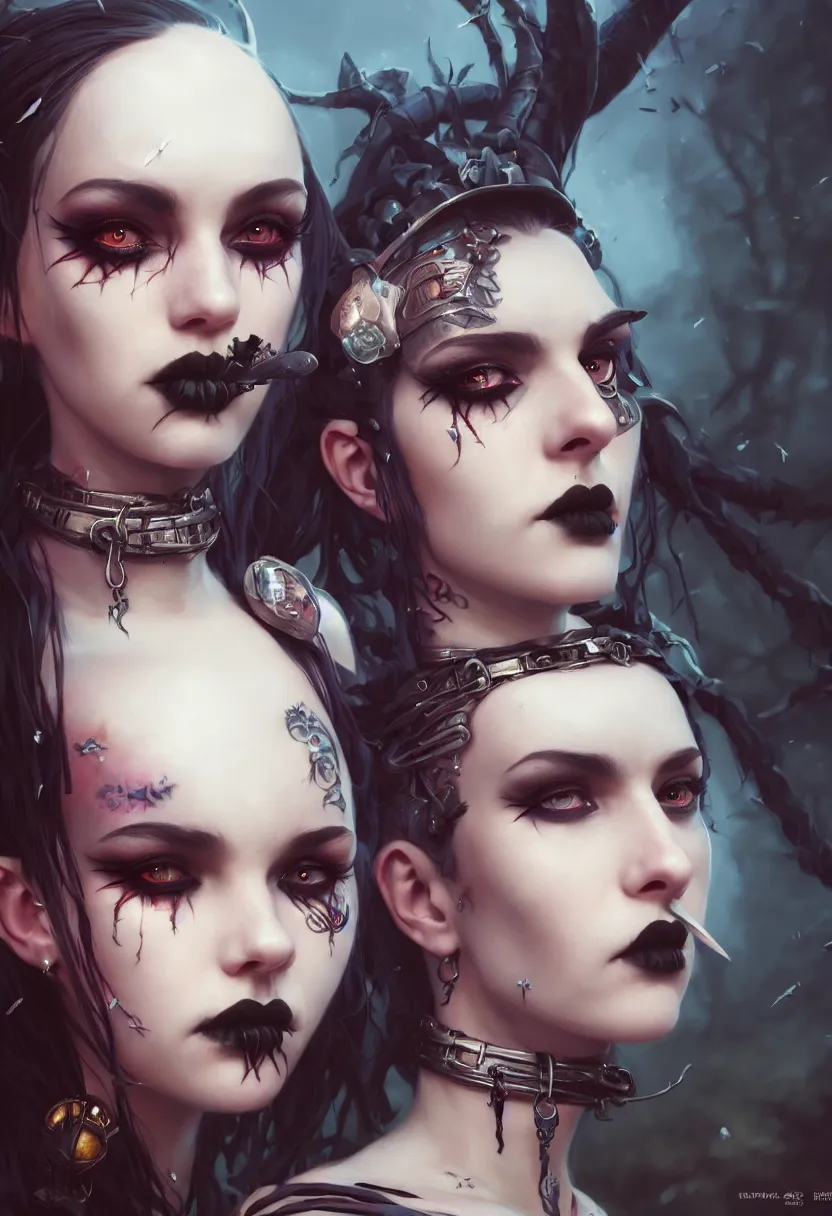 Image similar to beautiful extreme closeup portrait, goth girl, piercings collar, mohawk hairstyle, medieval dress. witch, makeup. unreal engine, greg rutkowski, loish, rhads, beeple, tom bagshaw, alphonse mucha, global illumination, detailed and intricate environment