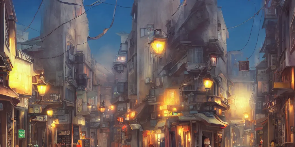 Prompt: a street, cinematic angle, studio Ghibli, volumetric lighting, breathtaking, beautiful composition, elegant, digital art, detailed, oil painting, hyperrealistic, sharp focus, 8k