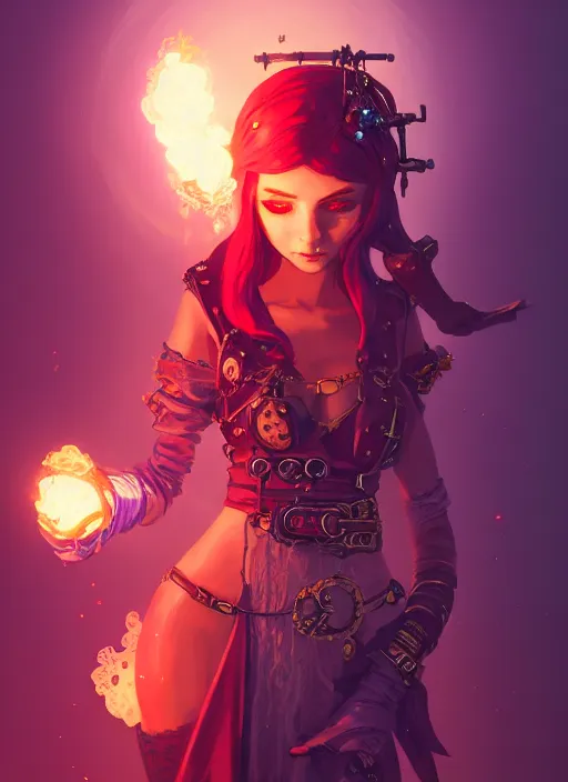 Image similar to a beautiful pyromancer princess, adorned with steampunk accessories, league of legends arcane, intricate, elegant, highly detailed, digital painting, artstation, concept art, smooth, sharp focus, cyberpunk synthwave, vaporwave, ethereal, misty, 8 k, by ruan jia and ilya kuvshinov