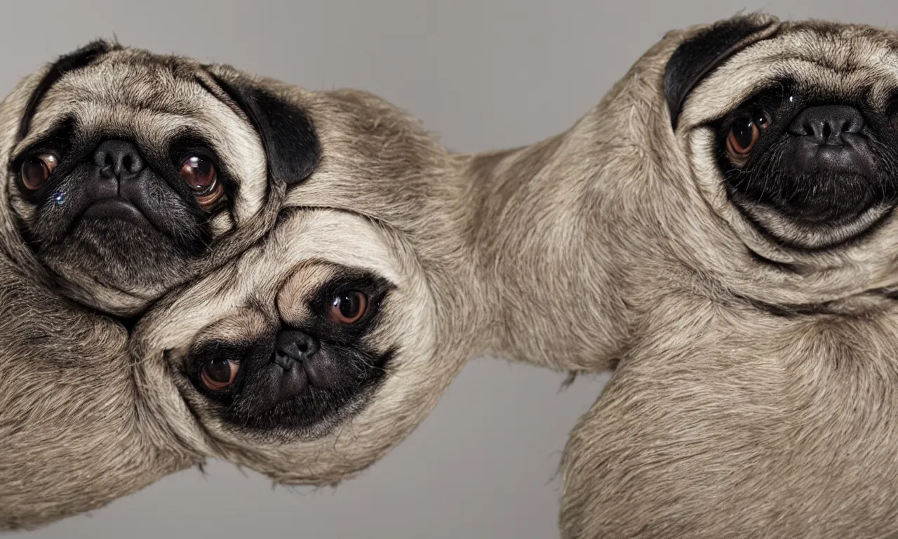 Image similar to pug sloth hybrid, chymera, in laboratory panoramic, wide depth of field, 8 k