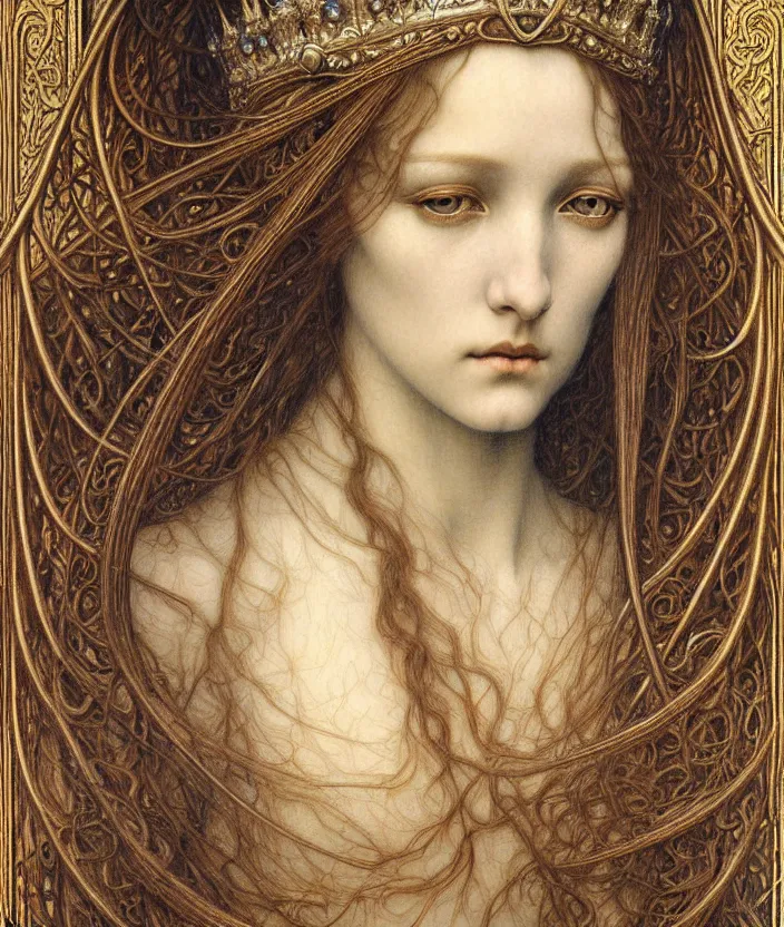 Image similar to detailed realistic beautiful young medieval queen face portrait by jean delville, gustave dore and marco mazzoni, art nouveau, symbolist, visionary, gothic, pre - raphaelite. horizontal symmetry