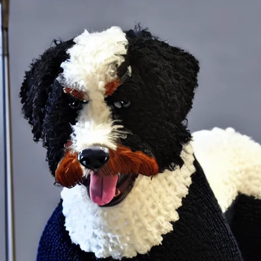 Image similar to a closeup photorealistic photograph of a cute smiling knitted bernedoodle judge dog dressed in a black gown, presiding over the courthouse. indoors, professional capture, well lit shot. this 4 k hd image is trending on artstation, featured on behance, well - rendered, extra crisp, features intricate detail, epic composition and the style of unreal engine.