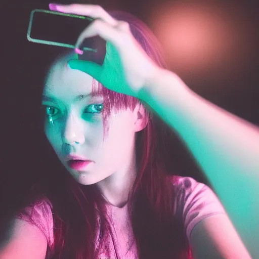 Image similar to girl takes selfie with ghost spirit, iridescent metallic colors, dark eerie photo vibes
