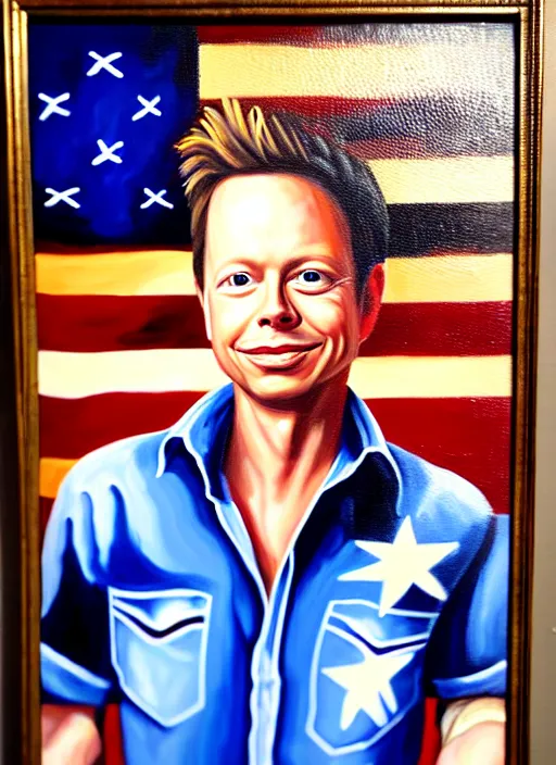 Image similar to oil painting portrait of brock pierce, american flag on background, cowboy style.