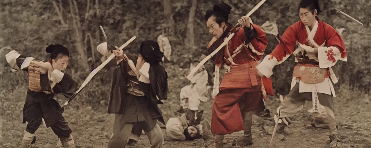 Image similar to 1 8 0 0 s japanese samurai battling spaghetti!, ultra - realistic faces, fine detail, in the style of diane arbus, canon 5 0 mm, wes anderson, kodachrome, retro