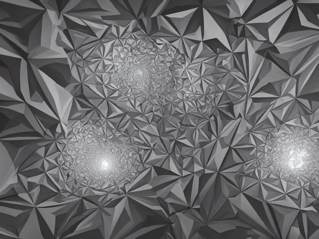 Image similar to fractal by mc escher, artstation, volumetric lighting, perfect, high detail
