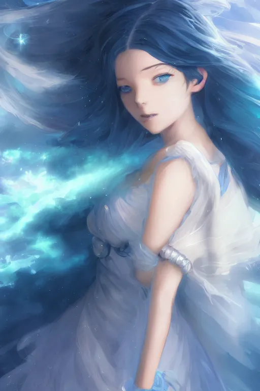 Prompt: 4k centered detailed portrait of a beautiful intimate woman with long blue cosmic hair and a beautiful blue dress, by Greg Rutkowski and ross tran. Anime, volumetric lighting