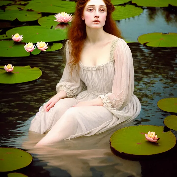 Prompt: Kodak Portra 400, 8K, soft light, volumetric lighting, highly detailed, britt marling style 3/4 ,portrait photo of a beautiful woman how pre-Raphaelites painter, the face emerges from the water of a pond with water lilies, inspired by Julie Dillon , a beautiful lace dress and hair are intricate with highly detailed realistic beautiful flowers , Realistic, Refined, Highly Detailed, natural outdoor soft pastel lighting colors scheme, outdoor fine art photography, Hyper realistic, photo realistic
