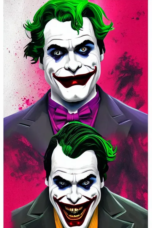 Prompt: joaquin phoenix joker cover comic book by dc comics, without duplicated content!!!!, violet polsangi pop art, gta chinatown wars art style, bioshock infinite art style, incrinate, realistic anatomy, hyperrealistic, 2 color, white frame, content balance proportion