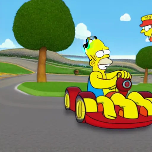 Prompt: Homer Simpson in Mario Kart, game screenshot