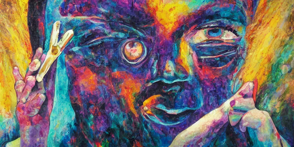 Prompt: interdimensional abstract painting of a man removing a nail from his third eye