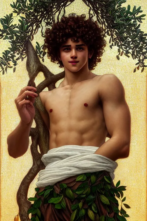 Image similar to portrait of teenage zeus, greek, short curly copper hair, smiling mischievously, wearing a white sash, olive tree, intricate, elegant, lightning bolt, glowing lights, highly detailed, digital painting, artstation, concept art, smooth, sharp focus, illustration, art by wlop, mucha, artgerm, and greg rutkowski