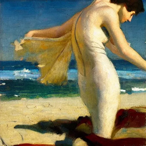 Image similar to woman on the beach, dean cornwell style