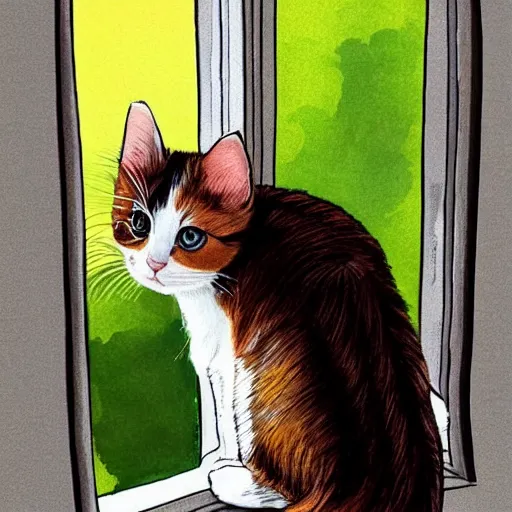 Image similar to cute calico kitten looking out of the window on a [ [ [ [ beautiful ] ] ] ] summer day, storybook art, detailed, cute, profile shot, featured on artstationg, gorgeous!!!