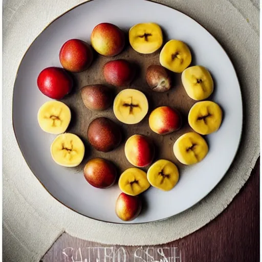 Image similar to beautiful photo of food art of sailing ship made from mango, bananas and apple pieces on a white plate, dslr