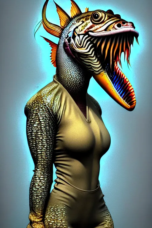 Prompt: epic professional digital airbrush art of female human - fish hybrid animal wearing air force jumpsuit, humanoid scaly fish head, fish mouth, painting, by neal adams and joelle julie, artstation, cgsociety, wlop, epic, much wow, much detail, gorgeous, detailed, cinematic, masterpiece