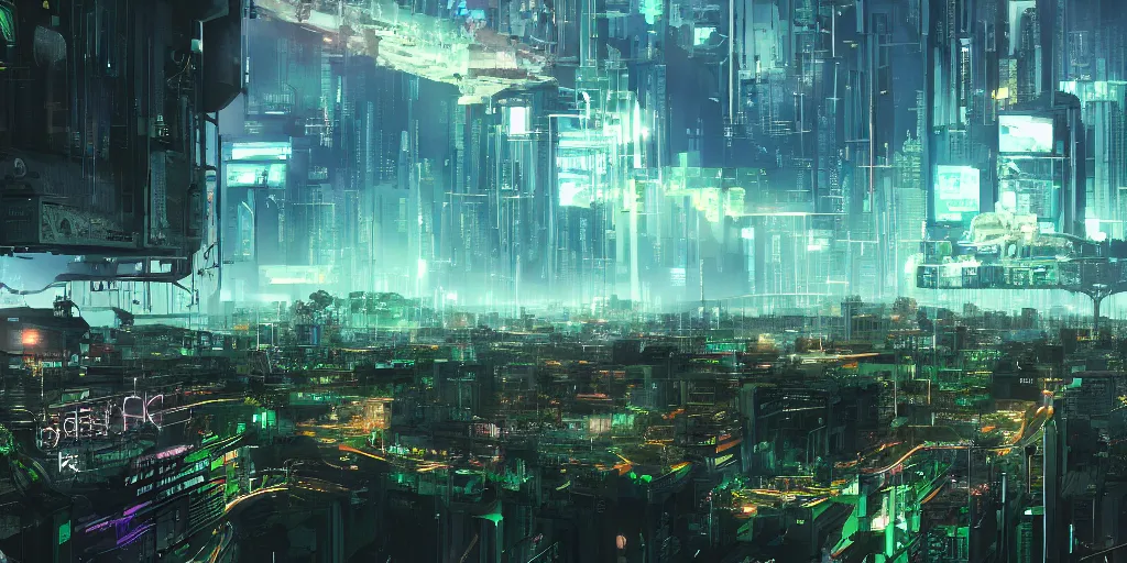 Prompt: a cinematic composition depicting : a computer run cyberpunk and solarpunk world, viewed from the cyberpunk mountain overlooking a hopeful and lush foresty solarpunk valley