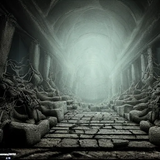 Prompt: a highly detailed realistic photographic render of an ethereal pathway, a labyrinthian hell, projecting a bellow that quakes the gallows, creepy, horror, horror scene, cinematic horror, creepy horror, scary scene, cinematic lighting, cinematic scene, Volumetric lighting, Atmospheric scene, Dark, Horror, Atmospheric lighting, Global illumination, realistic, photo realism, hyper realistic, hyper realism, photo realisitc, cinematic render, film, beautifully lit, ray traced, octane 3D render, octane render, unreal engine