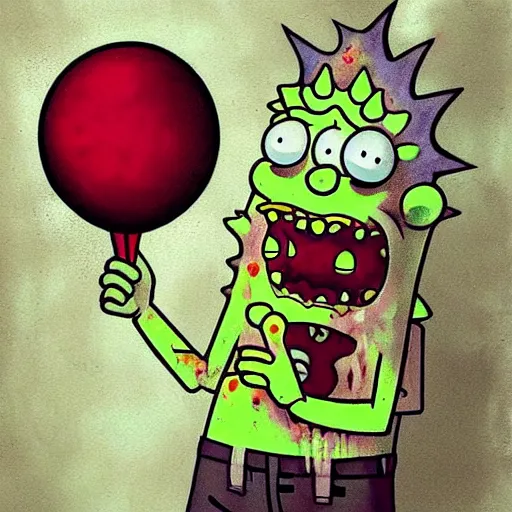 Image similar to grunge painting of spongebob with a wide smile and a red balloon rick and morty style, creepy lighting, horror theme, detailed, elegant, intricate, conceptual