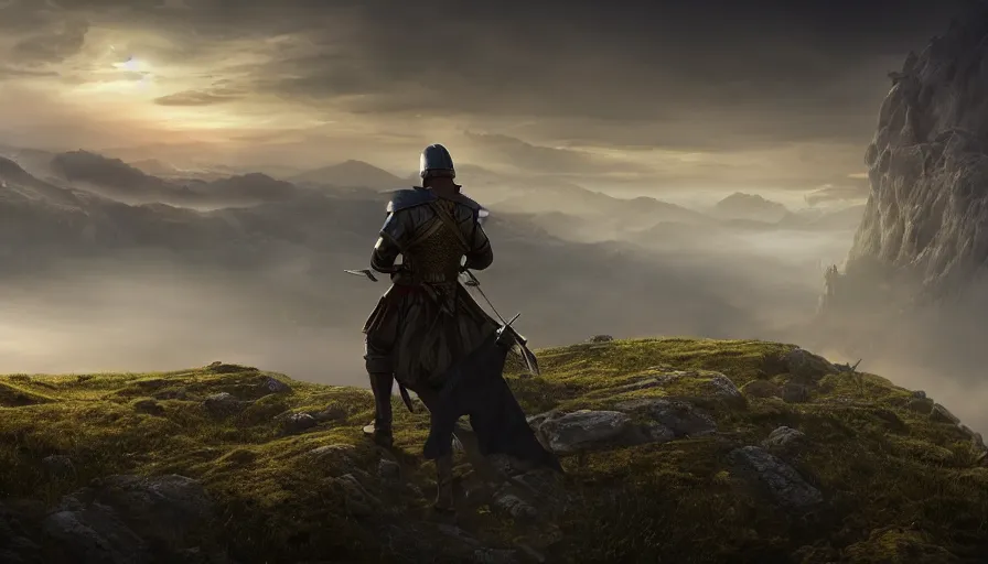 Image similar to medieval soldier atop a ridge looking over a vast medieval kingdom rule by an evil king. the soldier is ready for battle. his trusted dragon circles overhead. it is a somber morning. death is close. prepare for battle. mist, epic, cinematic, volumetric lighting, symmetry, fantasy style, highly - detailed, unreal 5, realism,