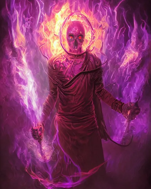 Image similar to pyromancer necromancer cover in purple flames, deep pyro colors, purple laser lighting, award winning photograph, radiant flares, realism, lens flare, intricate, various refining methods, micro macro autofocus, evil realm magic painting vibes, hyperrealistic painting by michael komarck - daniel dos santos
