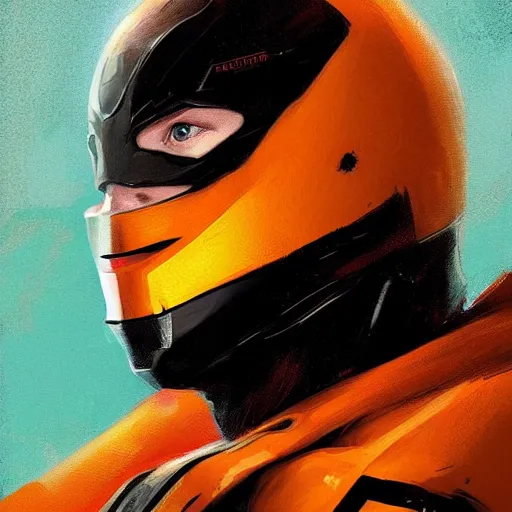 Image similar to portrait of a superhero by greg rutkowski, he looks like miles teller, he is wearing a black, orange and yellow kevlar gear, highly detailed portrait, digital painting, artstation, concept art, smooth, sharp foccus ilustration, artstation hq