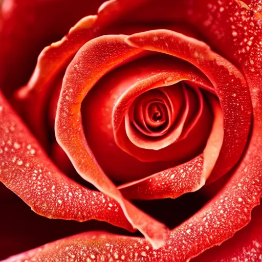 Prompt: a zoomed in macro 8mm photo of a red rose petal, macro photograph, photo, photorealistic, microscopic photo,