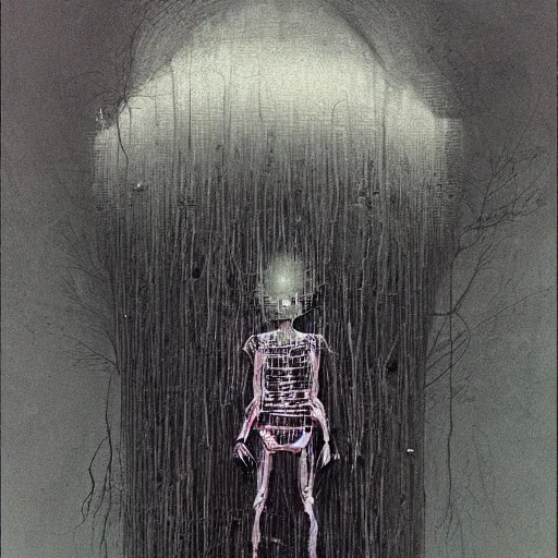 Image similar to robot ghost, glitch distortion, Unbearable Anxiety, by Stephen Gammell and Beksinski and Stalenhag.
