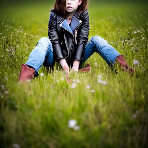 Image similar to young girl lies on a meadow, she wears leather jacket, jeans and knee high black boots, sharp focus, photo taken by nikon, 4 k,