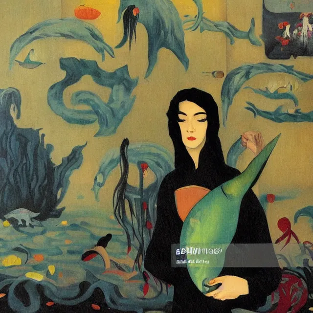 Image similar to tall emo female artist holding a large fish in her flooded apartment, seaweed, pomegranates, octopus, water gushing from ceiling, painting of flood inside an artist's apartment, a river flooding indoors, ikebana, zen, rapids, waterfall, black swans, canoe, berries, acrylic on canvas, surrealist, by magritte and monet