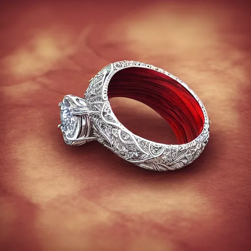 Image similar to wood carving artwork, engagement ring, red jewel, intricate, highly detailed, octane render, photorealistic