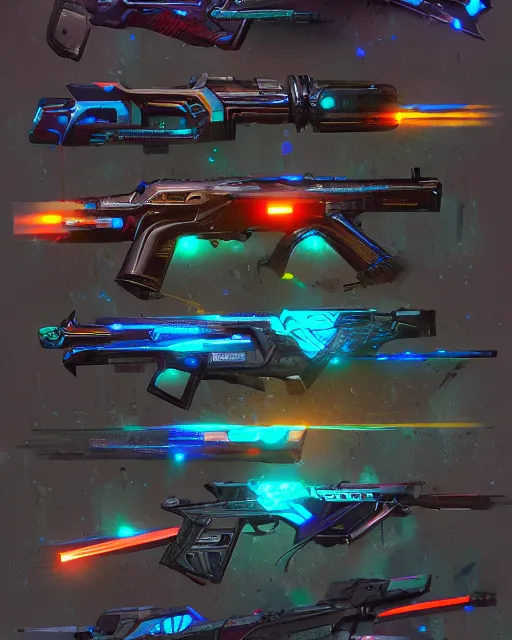 Image similar to various cyber machine guns and cyber equipment, many lightning, cold color, highly detailed, digital painting, artstation, concept art, cyberpunk, sharp focus, led, illustration.