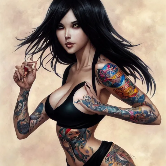 Prompt: full body wide angle portrait of beautiful girl cosplay with black hair in bikini without black strong makeup, clothes on, full body tattooed, art by stanley artgerm lau and artgem and wlop and magali villeneuve and karol bak and gennady ulybin