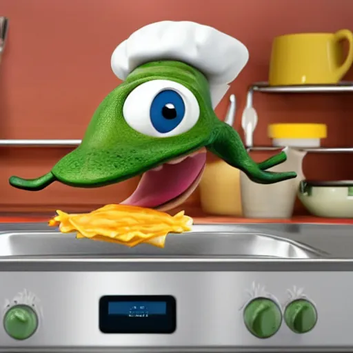 Image similar to pixar 3 d style cute platypus on a kitchen wearing a chef hat and holding a lasagna into an oven, with three basil leaves over the lasagna, pixar style, 3 d, ratatouille style